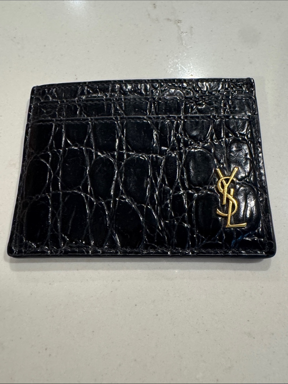 Saint Laurent Black Croc-Embossed Leather Card Case with Gold YSL Emblem